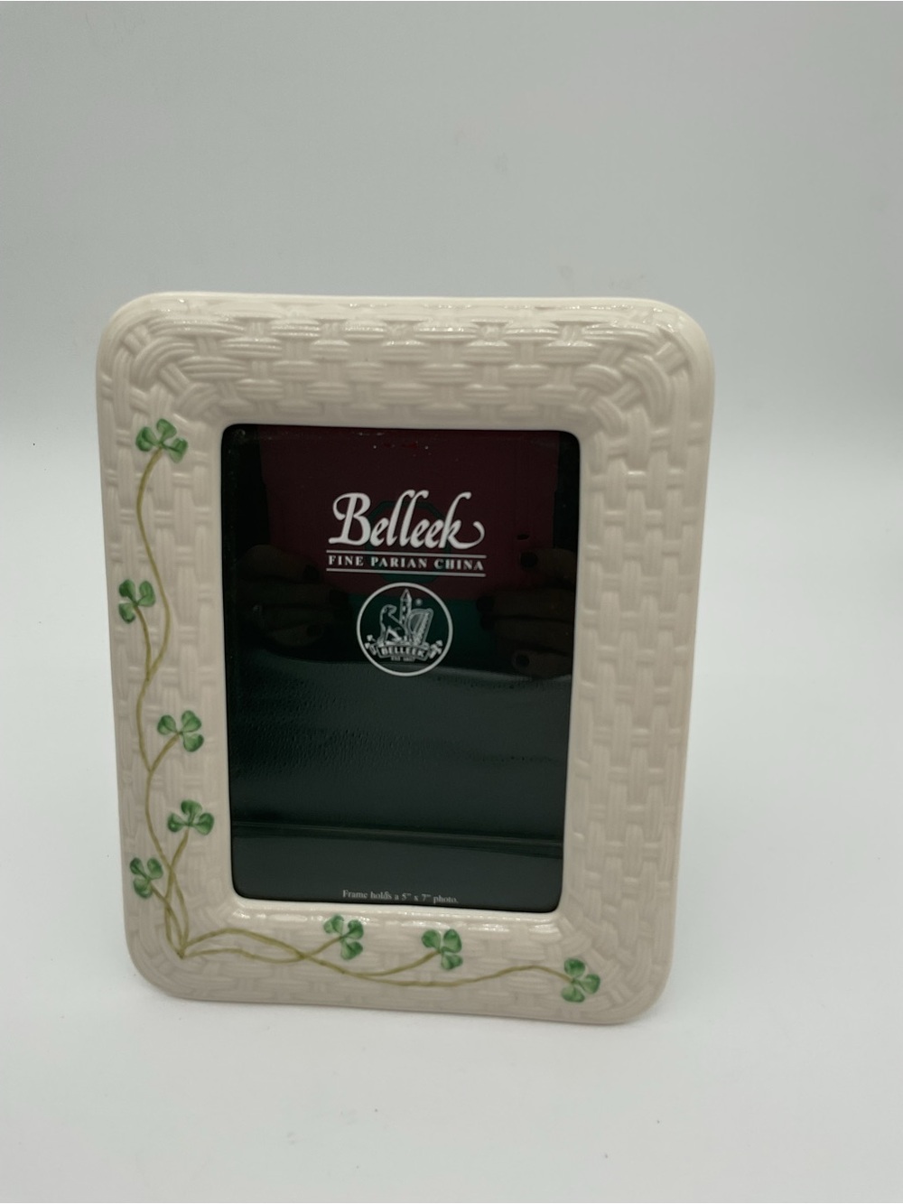 Belleek Ivory Woven Ceramic Photo Frame with Green Shamrock Vine